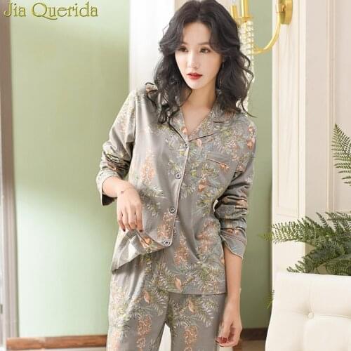 Pajamas For Women 2021 New 100% Pure Cotton Women Home Suit XXXL Grey Floral Lapel Cardigan Top+Long Bottoms 2 Pcs Women Pajamas