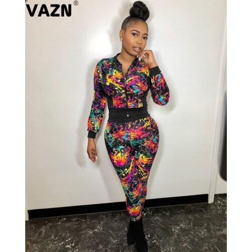 RMSFE 2021 European And American Womens Long Sleeve Round Neck Zipper Fashion Sexy Sports Stitching Printing Two-Piece Set