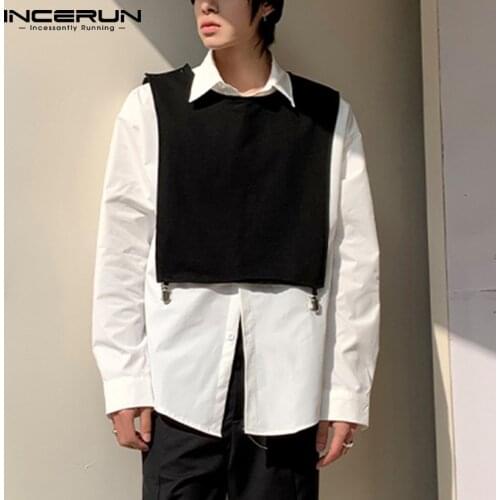 2021 Fashion Men Shirt Patchwork Korean Lapel Long Sleeve Casual Tops With Vests Two Pieces Streetwear Men Clothing INCERUN 7