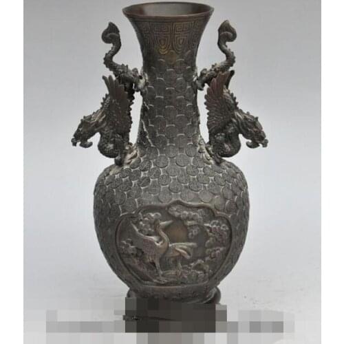 S00505 10" chinese fengshui bronze crane bird dragon beast Statue Bottle Pot Vase Jar