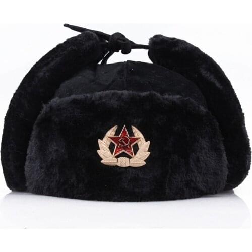 Russia Ushanka Soviet Badge Army Military Bomber Hats Pilot Trapper trooper Hat Outdoor Winter Fur Thickened Earflap Men Women