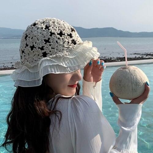 Korean style cute sunscreen hollow sports riding hat knitted ruffled hollow beach sunshade fisherman hat summer hats for women