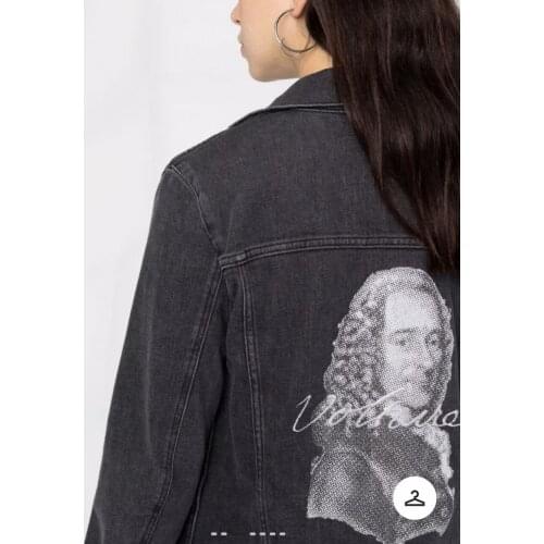 Character Image Print Women Denim Jacket Contrasting Color 2021 Autumnladies Single Breasted Turn-Down Collar Fashion Coat