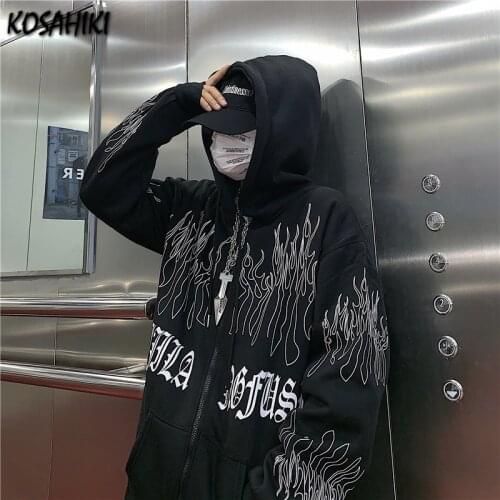 KOSAHIKI 2021 Japanese Streetwear Loose Zip-up Tops Women Harajuku Letter Print Hooded Sweatshirt Casual Kpop Clothes 11a124