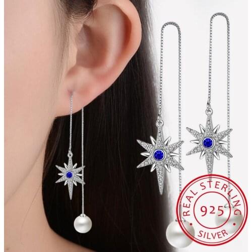 925 Sterling Silver Micro AAA Zirconia Hexagram Star Long Tassel Earrings For Women Simulated Pearl Drop Earrings S-E289