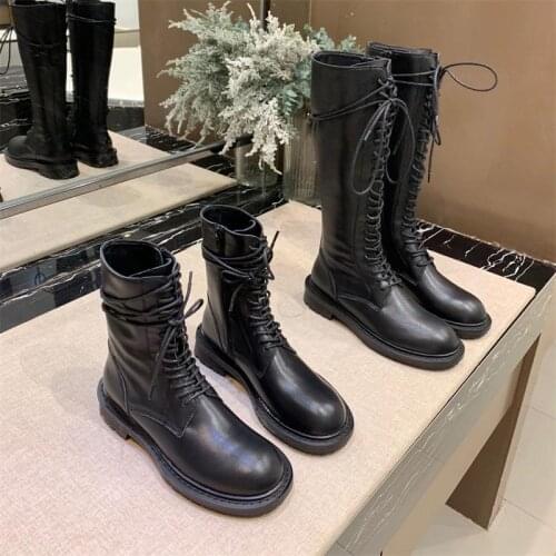 2020 Women Knee High Black Boots Motorcycle Genuine Leather Zipper Lace Up Winter Ladies Shoes High Quality Luxury Design Shoes