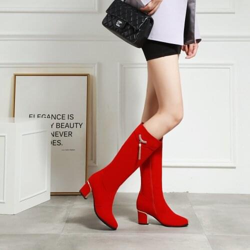 2020 Fashion High Heels Long Boots Women Flock Round Ladies Knee High Boots Shoes Woman Winter Faux Suede Black Red Boots 32-43