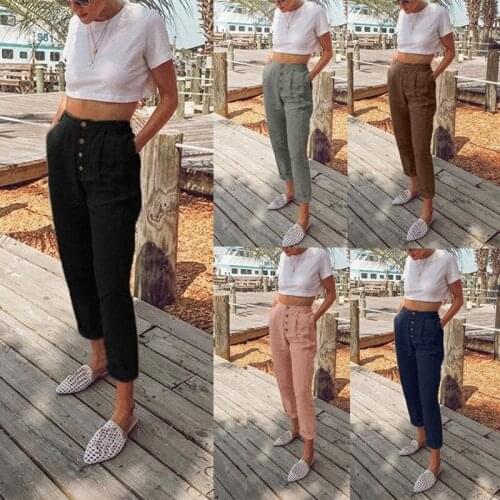 2020 New Women Harem Pants Casual High Waist Elastic Pants Button Pocket Work Trousers Ankle-Length Long Pants