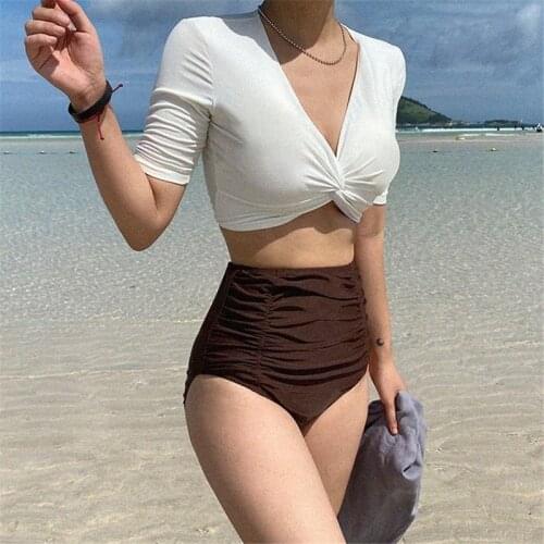 Womens Fashion Bikini 2021 Sexy corss Bandage Short Sleeve Split Swimsuit Bikini Clothhing split swimsuit