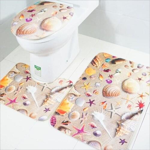 3PCS Flannel Toilet Floor Mat Set with Starfish shell and London Scenery Printing Toilet Cover and Rugs Non-Slip Bathroom Pad