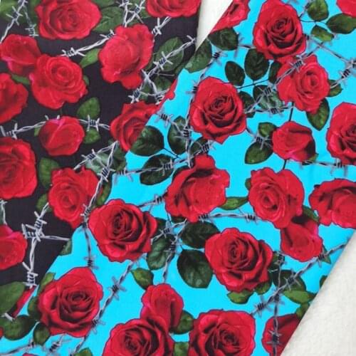 50x70cm Blue & Black Red Blooming Rose Flower Printed Cotton Spandex Fabric Stetchable Fabric Patchwork Cloth Bag Party Home Dec