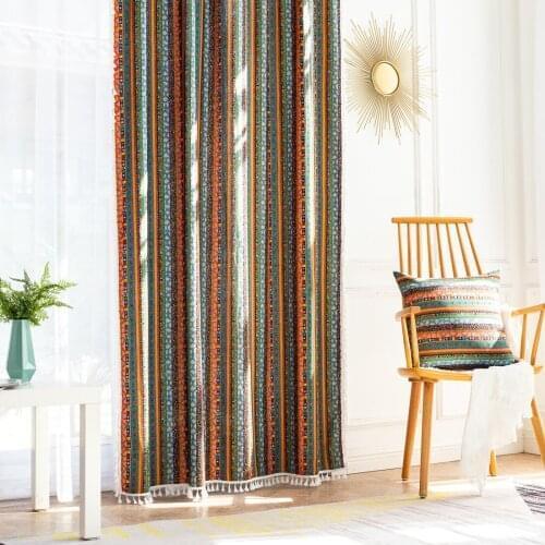 American Striped National Wind Curtain Finished House Su-lace Cut-off Curtain Cotton Hemp Gold Printing Curtain