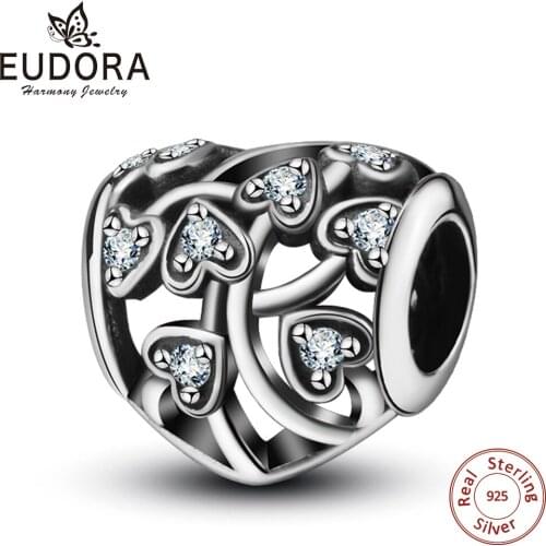 Eudora 100% 925 Sterling Silver Clear CZ Heart Charms Fit Bracelets & Bangles Wedding Gift Jewelry Hollow out Heart Beads CYZ026