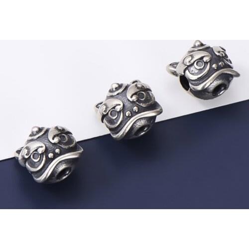 925 Sterling Silver Cute Chinese Cartoon Lion Charm Loose Beads Vintage Aging Craftwork Spacer Silver Beads DIY Jewelry Making