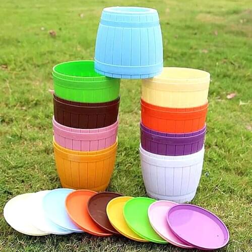 Colorful Plastic Imitation Wooden Bucket Flowerpot Planter Home Office Decor Horizontal Plastic Flower Garden Decor Plant Holder