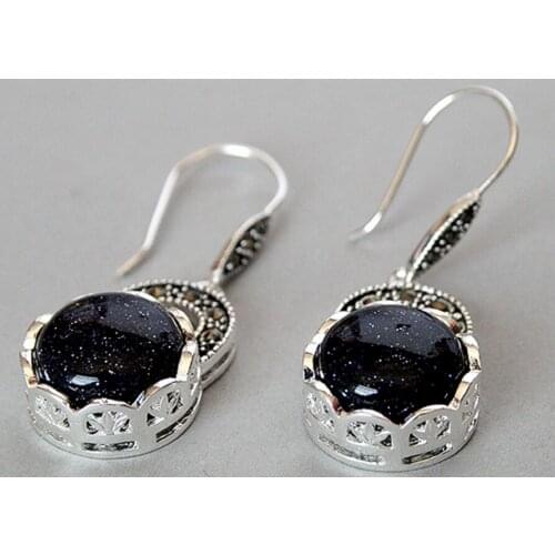 Hot Sell charm ladys 925 Sterling Silver blue sand jade Marcasite Earrings 14/5"