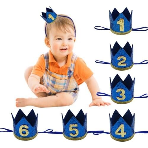 JQSYRISE 1Pcs Blue 1 2 3 4 5 6 Year Old Birthday Crown Headband Boy Birthday Party Hat Baby Shower 1st 2nd Birthday Caps Supplie