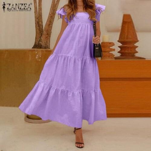 Summer Short Sleeve Sundress ZANZEA Fashion Women Solid Ruffles Long Dress Bohemian Party Holiday Beach Maxi Vestidos Sarafans