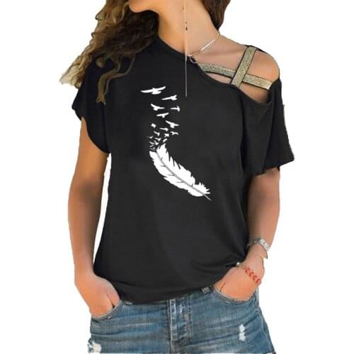 Summer New Women Tshirt Casual Short Sleeves Tops Tees Sexy Irregular Feather Print T-Shirts Loose Plus Size