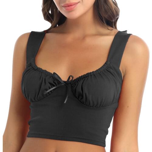 Women Girls Basic Solid Color Wide Shoulder Strap Vest Ladies Summer Chic Sexy Ruched Chest V Neck Sleeveless Crop Tank Tops