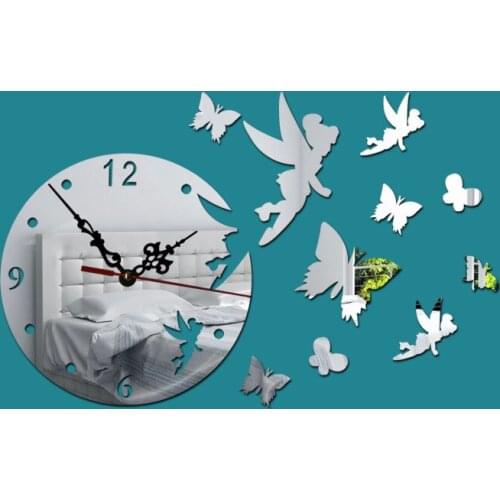 New 3D creative clock home decoration mirror clock European mirror fairy butterfly wall stickers