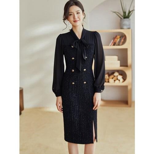 French stitching slim dress 2021 autumn new lady tweed wrap hip small black skirt