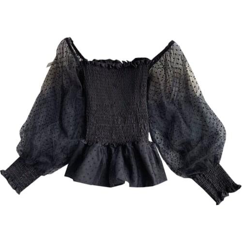 2021 Fall Strapless Tight-Fitting Blouse Mesh Bubb Long-Sleeved Fashion Short Top Polka Dot Shirt