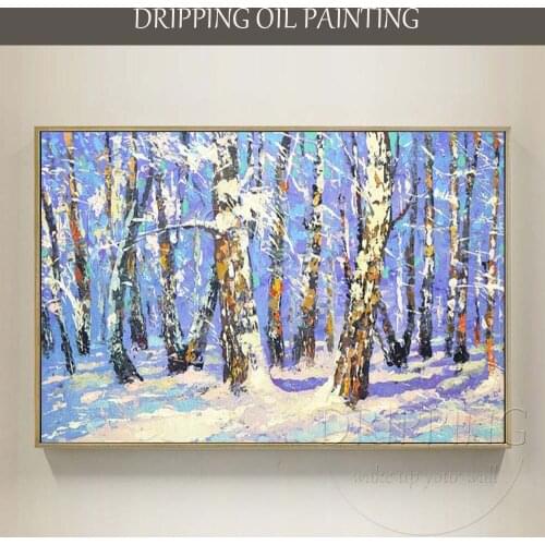 Painter Team Directly Supply High Quality Hand-painted Winter Landscape Oil Painting on Canvas Winter Birch Forest Oil Painting