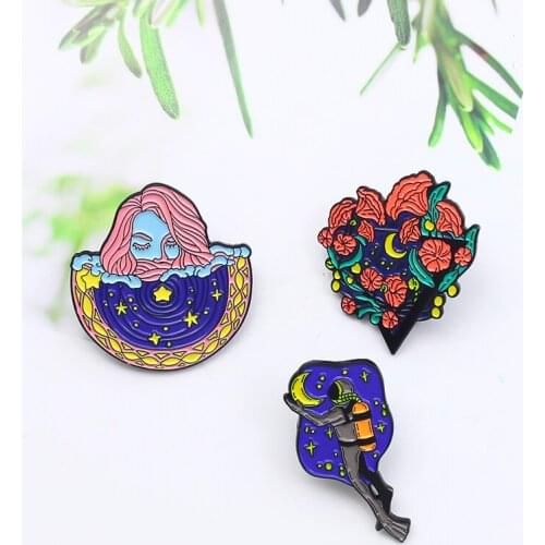 Stars and moon Blue Brooch Star Walk Lapel Pin Diver red flower pink hair woman Custom Badge