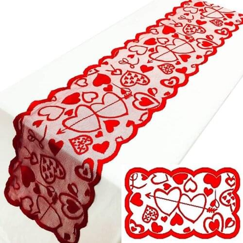 Red Heart Table Runners Polyester Love Valentines Day Wedding Modern Table Lace Fabric Tablecloth Covers Party Table Decoration