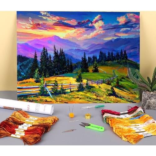 Landscape Sunset Printed Fabric 11CT Cross-Stitch Patterns Embroidery DMC Threads Handmade Painting Handicraft Counted