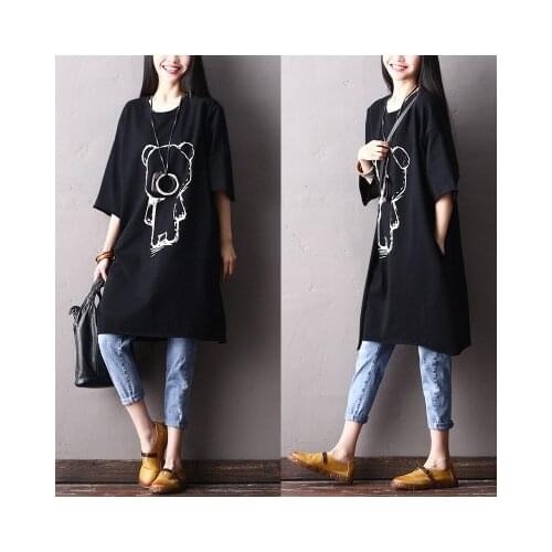 2018 female new spring and summer 100% cotton plus size cartoon casual medium long loose shirt