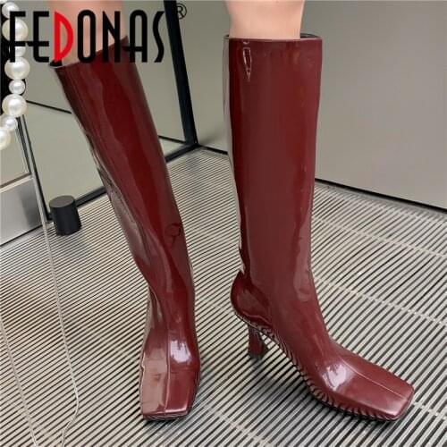 FEDONAS Winter Newest Knee High Boots For Women Genuine Leather Square Toe High Heels Pumps Sexy Night Club Prom Shoes Woman