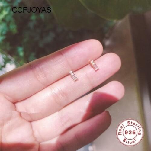 CCFJOYAS 925 Sterling Silver Simple Square Crystal Stud Earrings for Women Mini Cute White Zircon Piercing Earring Best Gifts