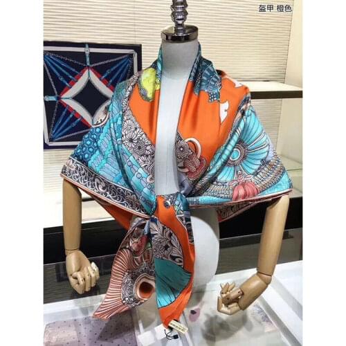 100% Silk Scarf Women Fashion Luxury Warrior Armor Print Kerchief Bandana Head Neck Large Blanket Shawl Hijab Wraps 135*135cm