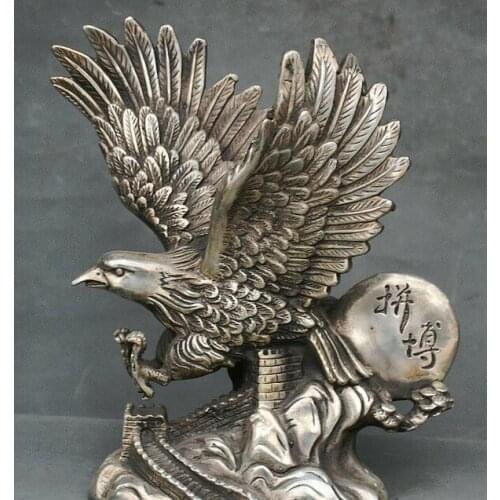 10.4" Old China Silver Animal hawk eagle king of birds Great Wall Sculpture