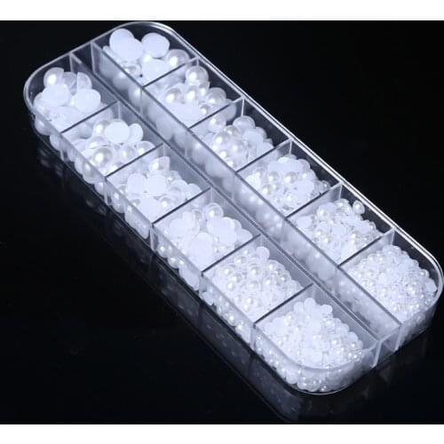 1100 Pcs DIY Half Pearl Beads Mixed Size 3-8mm Assorted Beads Flat Back Plastic Craft with 12-grid Storage Box for DIY