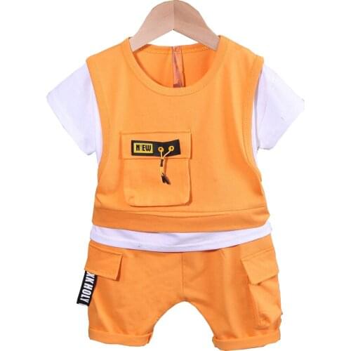 2021 Summer Toddler Baby Boys Sports Clothes Sets Infant Girls Fake Two T-shirt+Solid Shorts2-piece Casual Suits Kids Clothing