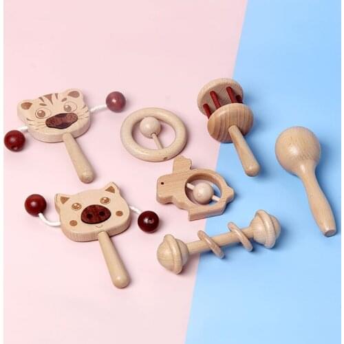 6 Pcs Baby Shower Gift Natural Wooden Teether Rattles Gym Intellectual Puzzle Set Montessori Toys