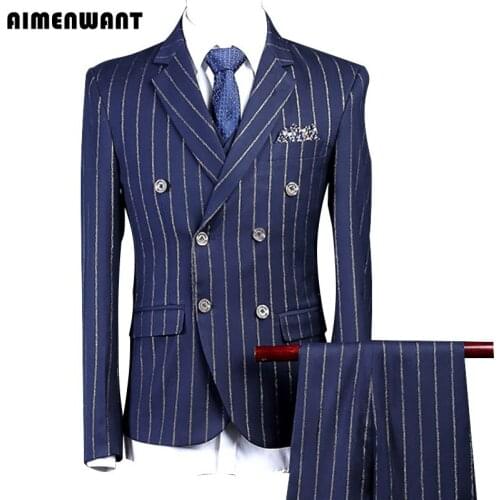 AIMENWANT 2018 Mens Suit Coats 3 Piece(Jacket+Pants+Vest) Tailored Slim Blue Chalk Stripe Suit For Mens London Suits Wholesale