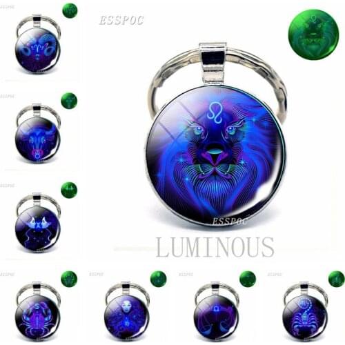 12 Constellations Luminous KeyChain Glass Cabochon Pendant Zodiac Sign Key Chain Rings Holder Birthday Gift Glow In The Dark