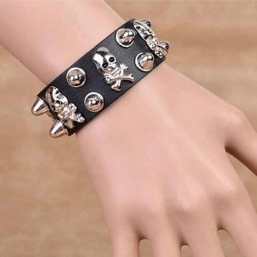 COLEMJE Fashion Punk Metal Skull Bangle Lovers' Bangle Leather Bangle Shantou Rivet Combination Retro Hip-hop Bracelet