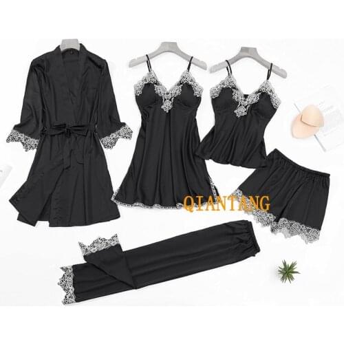 Women Satin Pajamas Lace 5PCS Pjs Sleep Set V-Neck Kimono Robe Gown Summer Pyjamas Suit Sexy Sleepwear Nightwear Thin Lingerie