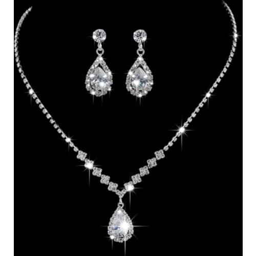 Düğün Nişan Kına Damla Taşlı Bayan Kolye Küpe Set