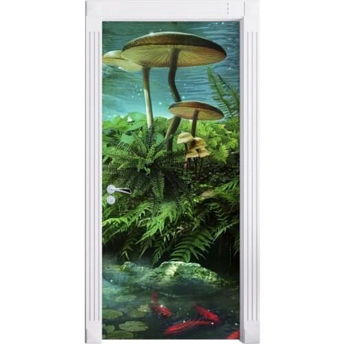 Door Sticker 3D Stereo Fantasy Fish Pond Photo Mural Wallpaper Vinyl Wall Decals Kid Door Mural Bedroom Door Stickers Home Decor