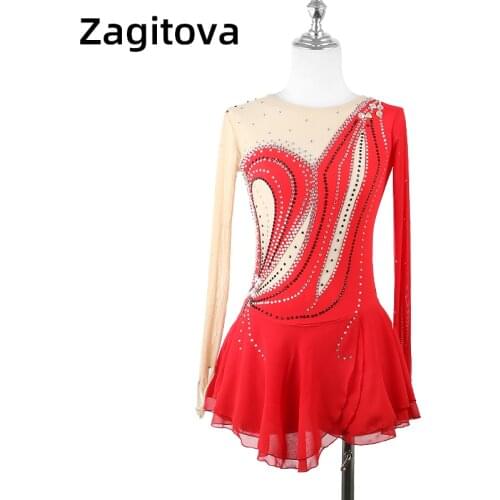 Figure Skating Show Dress Red Custom Shiny Diamond Beautiful Skating Skirt Girls Women