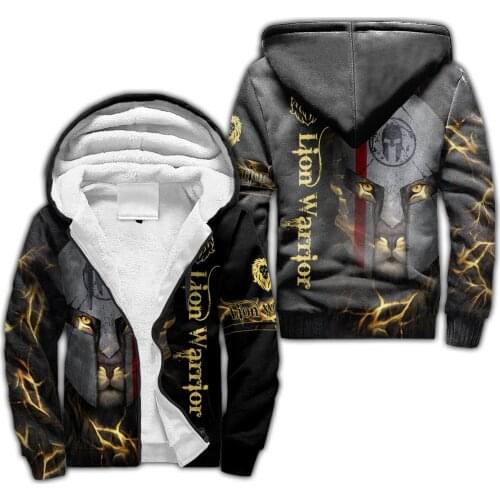 Spartan Lion Warrior 3D printed Fleece zipper Hoodies Men Women Winter Warm plus velvet jacket cosplay costumes Casual Coat
