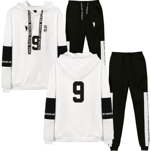 Haikyuu Karasuno High School 2 Piece Casual Sets Tracksuit Men Hooded Sweater + Pants Hooded Sportwear Suit Men Clothes Anime