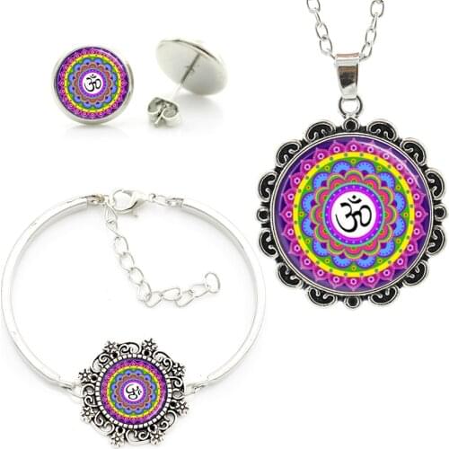 Fashion colorful Spiral Art mandala Picture women wedding bridal jewelry sets trendy Yoga ladies necklace earrings bracelet sets
