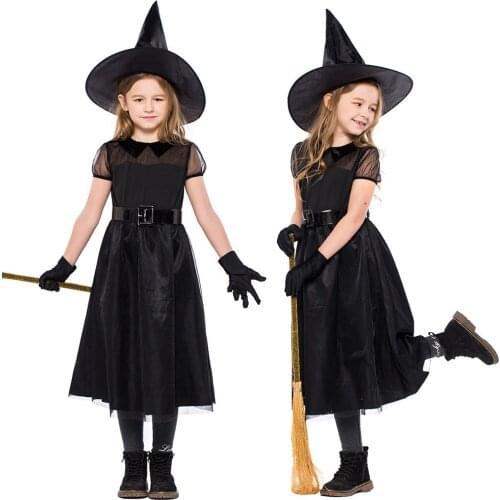 Girl Small Hag Witch Dress up Party Costume Long Sleeve With Cap Cosplay Long Dress Halloween Birthday Gift